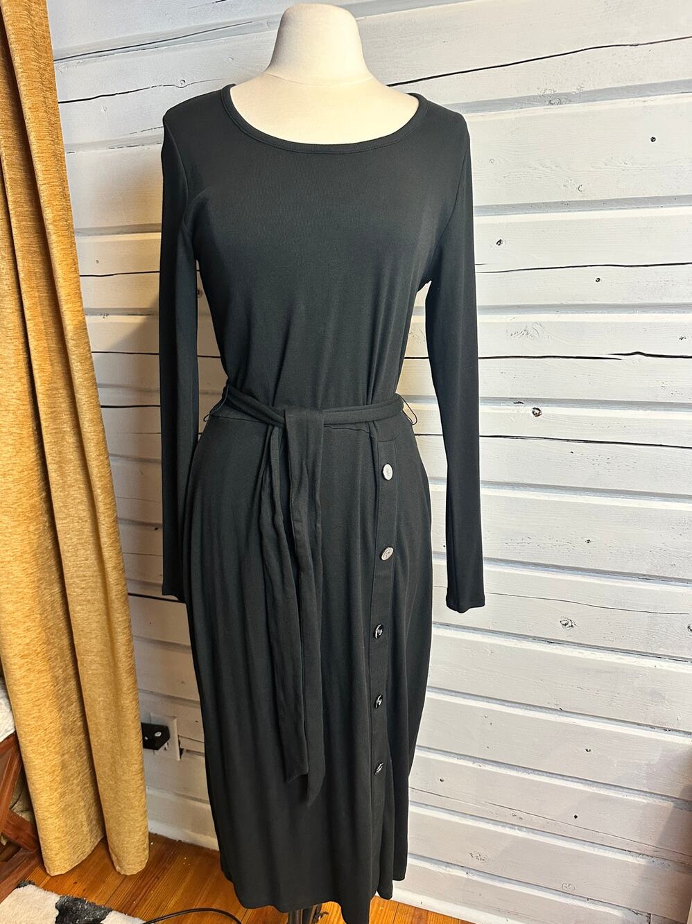 Lauren Ralph Lauren Black Long Sleeve Tie Waist Midi Dress 14 NWT